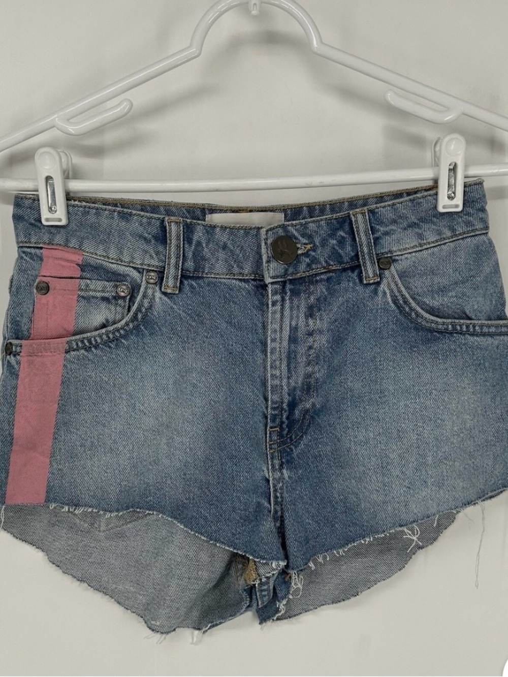 One Teaspoon Light Blue Denim Cutoff Shorts with Pink Side Stripe